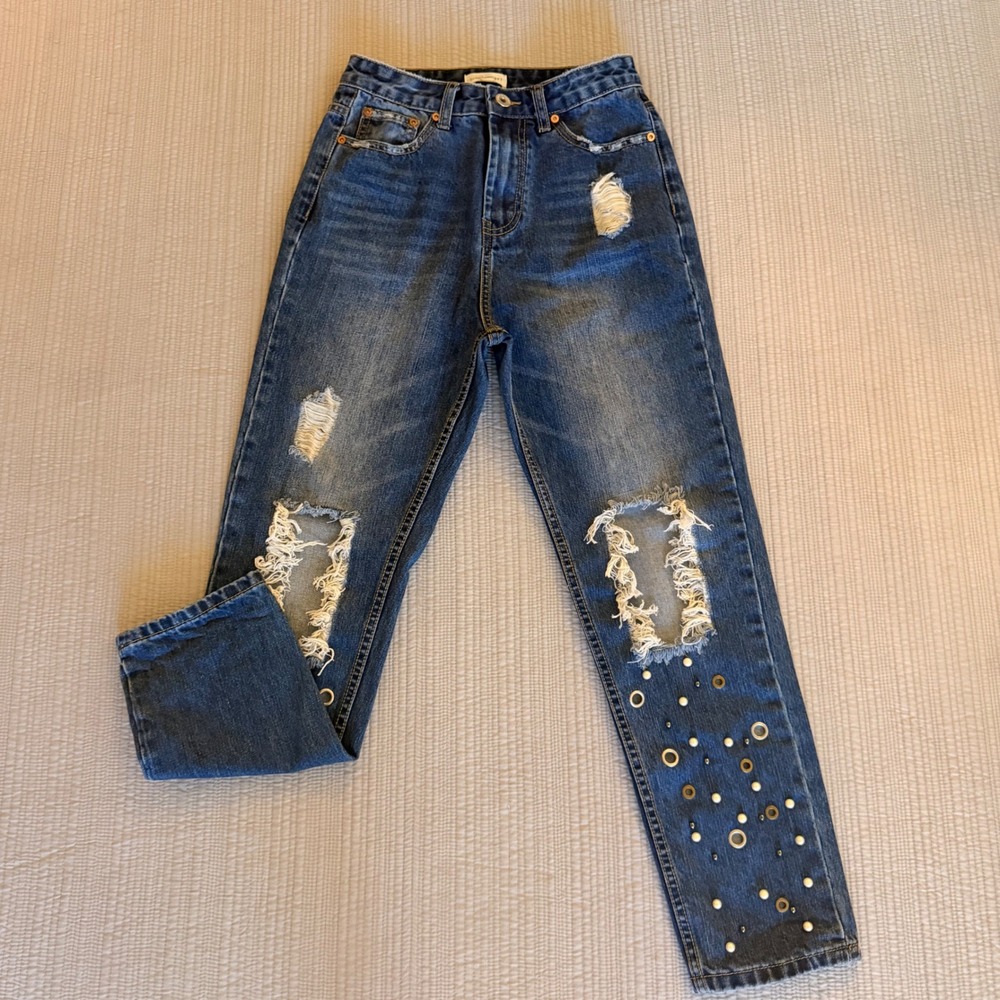 Dance & Marvel Women's Distressed Pearl Studded Grommet Jeans Medium Wash Size S